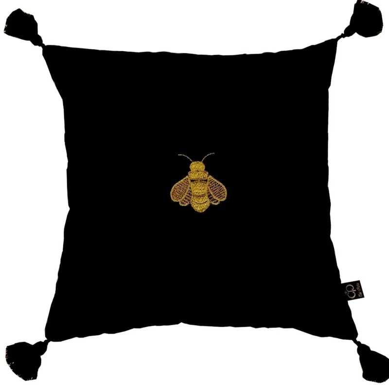 Casa Padrino Luxus Deko Kissen mit Troddeln Biene Schwarz / Gold 45 x 45 cm